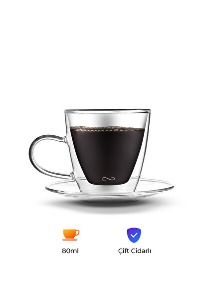 NUO Çift Cidarlı Kulplu Bardak Tabaklı 80 Ml