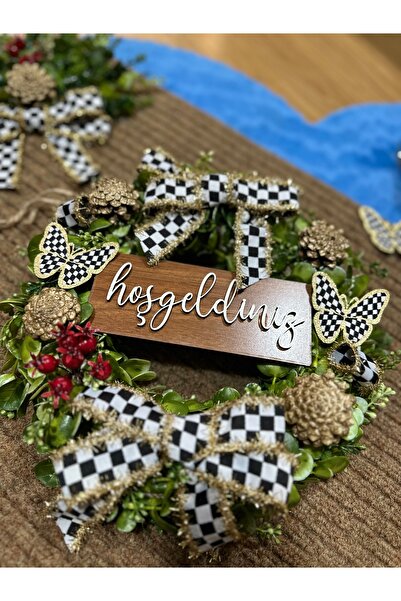 Marrone Damalı Kurdele Simli Kelebek Büyük Boy Paspas 50*100 Kapı Süsü İkili Takım Kokinalı Model