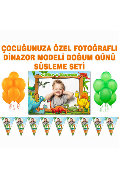 Sunligo Dinozor Temalı Doğum Günü Süsleme Seti Fotoğraflı Afiş, Flama, Balon