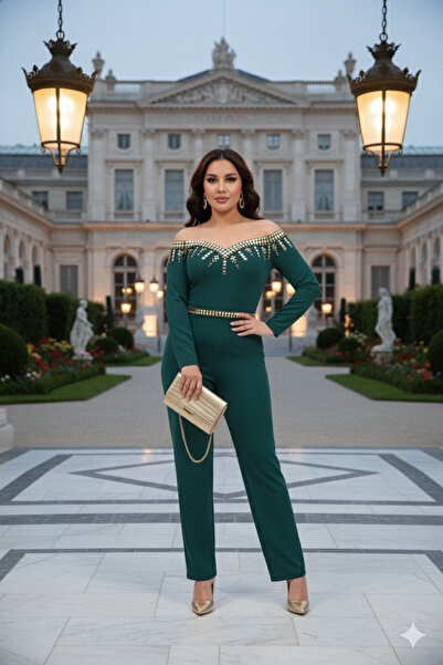 Robes Kadın Uzun Kol Taş Baskılı Straplez Şık Abiye Tulum