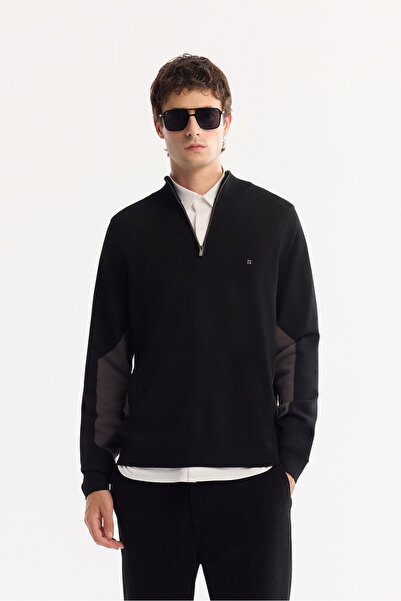 Avva Men's Black Stand Collar Zippered Rayon Non-Pilling Knitwear Regular Fit Sweater A52Y5020