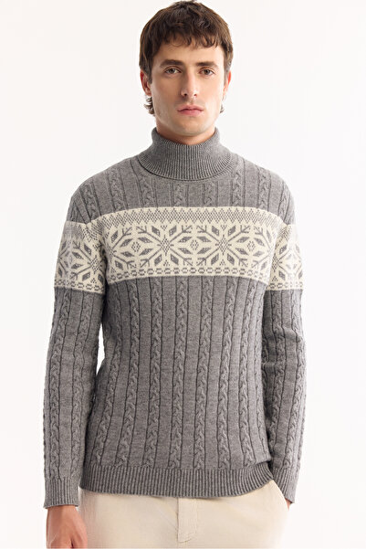 Avva Men's Gray Turtleneck Soft Touch Patterned Knitwear Regular Fit Sweater A52Y5072