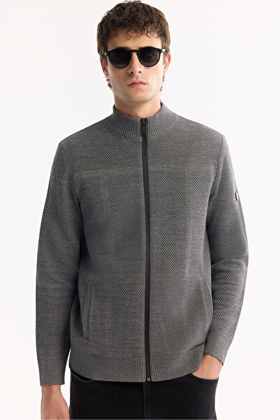 Avva Men's Anthracite Stand Collar Zippered Wool Blend Textured Regular Fit Cardigan A52Y5044