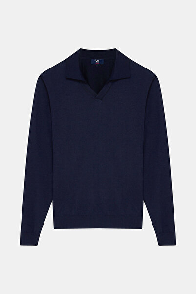 W Collection Dark Blue Polo Collar Long Sleeve Sweater