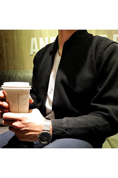 Kamalı Cardigan tricot negru pentru bărbați Kml9001