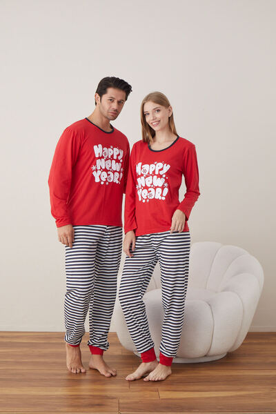 OEM Women's Christmas Pajamas Red Long Sleeve Long Pants - HAPPY NEW YEAR