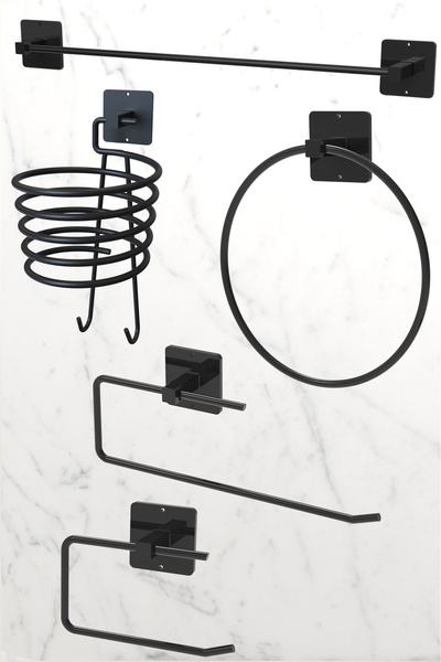 KARTEYA Yapışkanlı 5 li Siyah Uzun Havlu Askısı Fön Askısı Wc Tuvalet Kağıtlı...