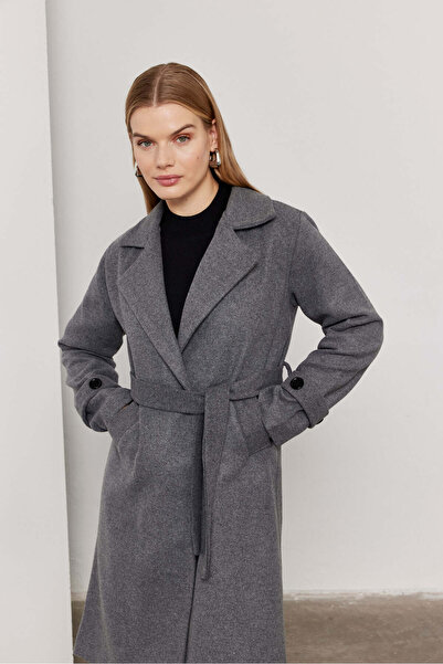 SevdeUgur Antracitszürke kasmír kabát öves ujjú gombokkal / Sevde Ugur