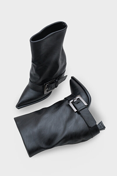 LOJO Kadın Sivri Burun Kemer Tokalı Topuklu Günlük Bot Kavosa Siyah