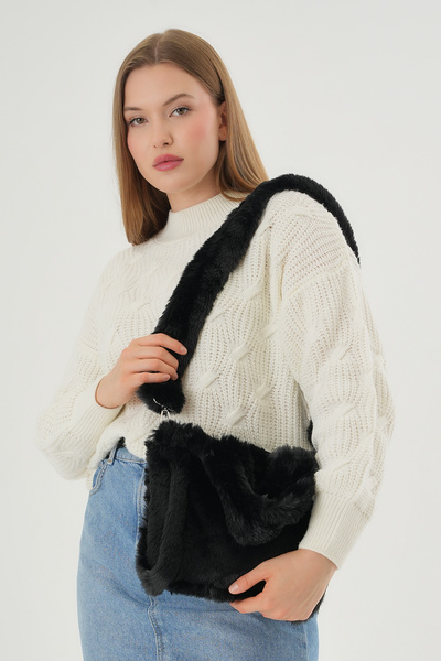 MUTE BAG Soft Fluffy Bag / Black Uzun Saplı Peluş Çanta / Cross Body En : 24 Boy : 18