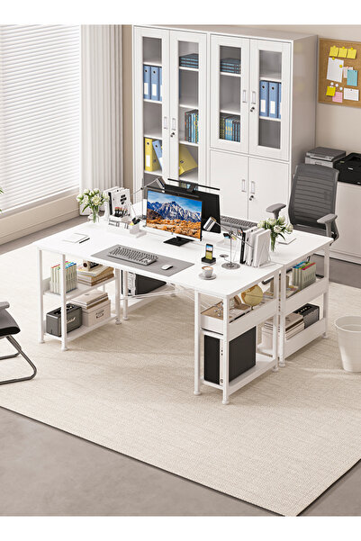 Bangiga 150cm Study Desk with Bookshelves, Carbon Fiber Desktop Gaming Table/Computer Desk, Home Office Desk