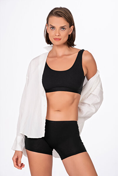 Kompedan Kadın Likralı Pamuklu Süprem Esnek Boxer Şort Tayt | Siyah K0412