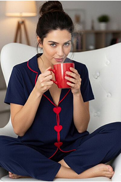 Siyah İnci Синій піжамний комплект з серцеподібними деталями 7891