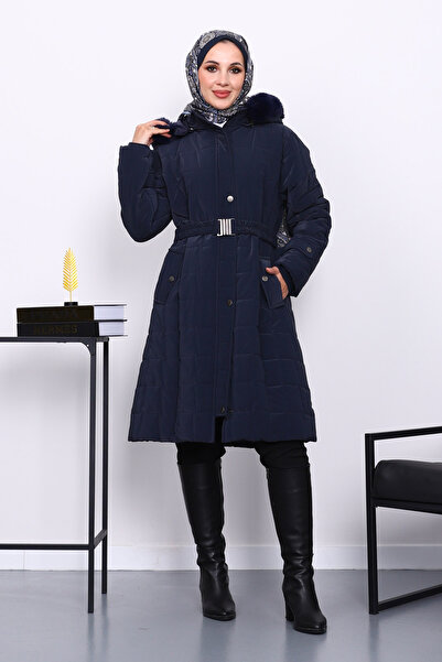İmajButik Μακρύ πουπουλένιο παλτό με γούνινο καπάκι σε μπλε ναυτικό χρώμα
