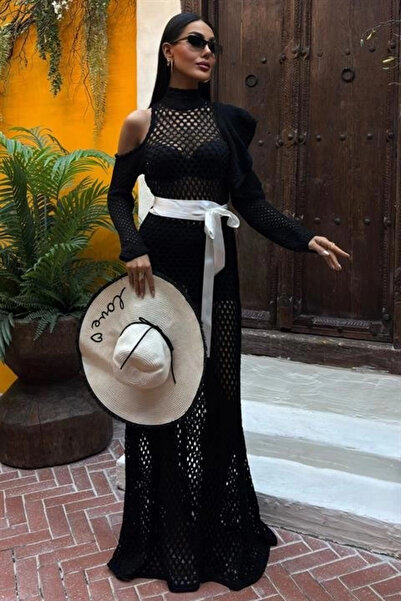 MODA Satin Belted Openwork Knitwear Dress 2847