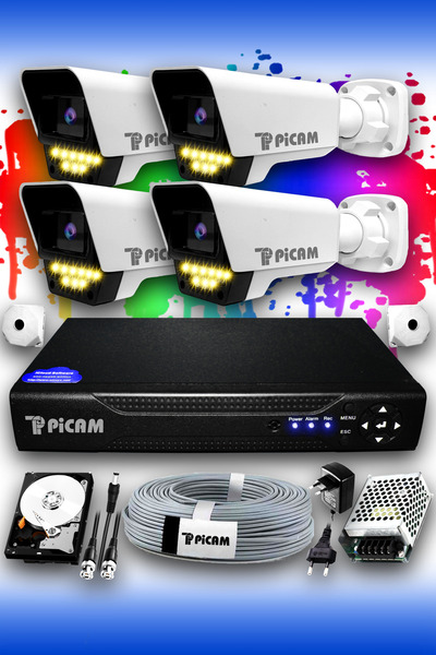 Picam 4 Kameralı Süper 4 Dış Kamera Set 250 GB 5 MP 2K Renkli Gece Görüşlü Gü...