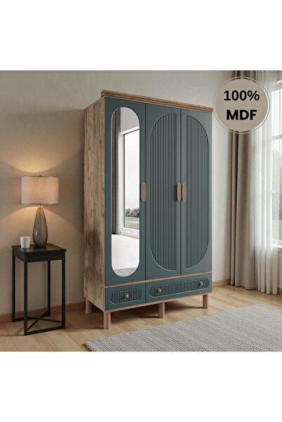 Home Comiet Sally 3 Kapaklı Aynalı MDF Çekmeceli Haki Gardırop