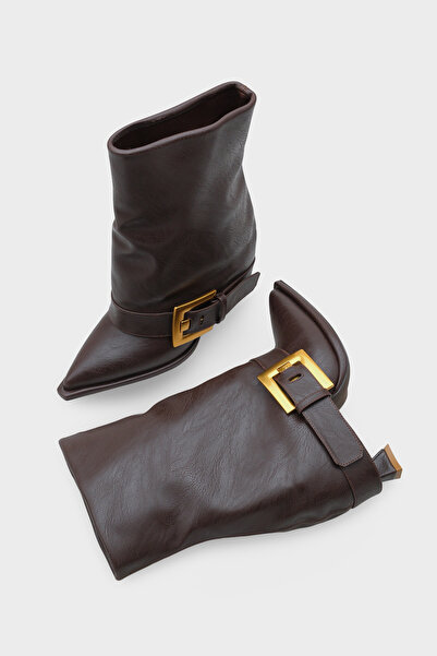 LOJO Γυναικείες μπότες με μυτερή μύτη με αγκράφα και τακούνι, καφέ Kavosa