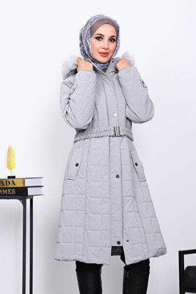 İmajButik Γκρι μακρύ πουπουλένιο παλτό με γούνα