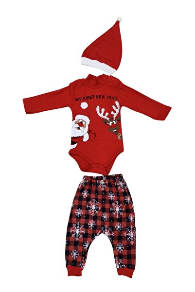 Vipbebe Santa Claus Deer Printed New Year's Outfit 3-Piece Set with Badge