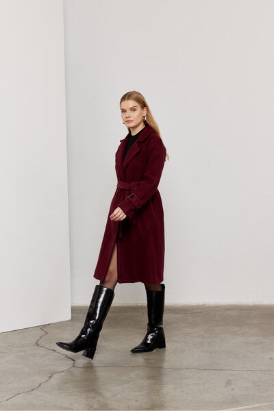 SevdeUgur Belted Sleeve Buttoned Plum Stamp Coat / Sevde Ugur
