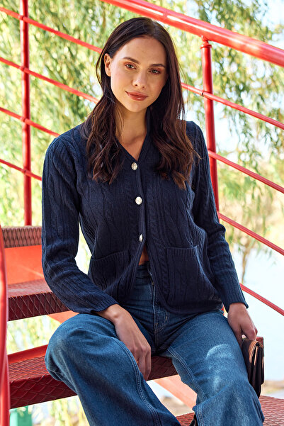 Sementa Hakim Wool Knitwear Jacket with Collar Pockets - Navy Blue