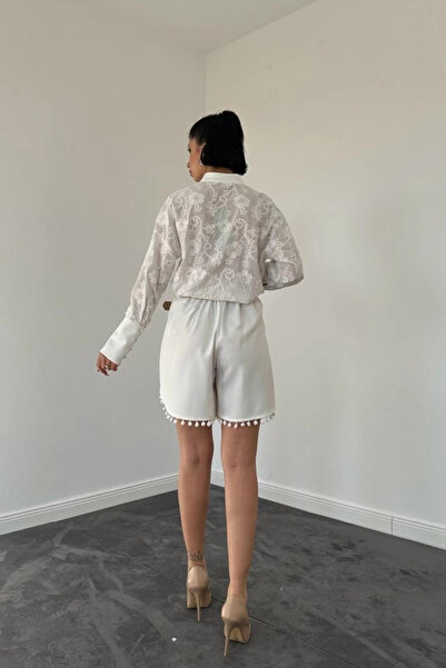 ETİLER COLLECTION Ecru Lace Shirt and Pom-Pom Shorts Set