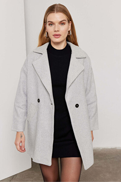SevdeUgur Women's Gray Herringbone Oversized Lined Short Cashmere Coat Sevde Ugur