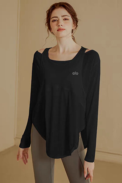 Alo Yoga Round Neck Off Shoulder Exercise Fitness Loose Long Sleeve Top