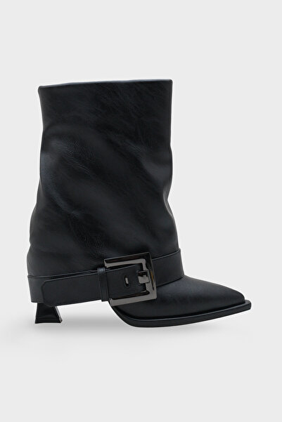 LOJO Kadın Sivri Burun Kemer Tokalı Topuklu Günlük Bot Kavosa Siyah