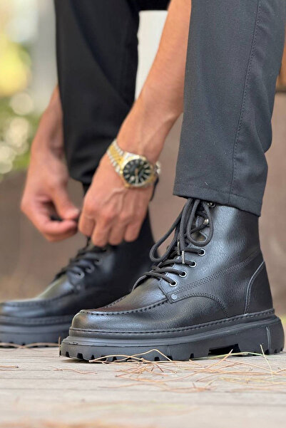 BASOLES Siyah Erkek Bot Kışlık Postal Spor Yüksek Tabanlı Bağcıklı Rahat