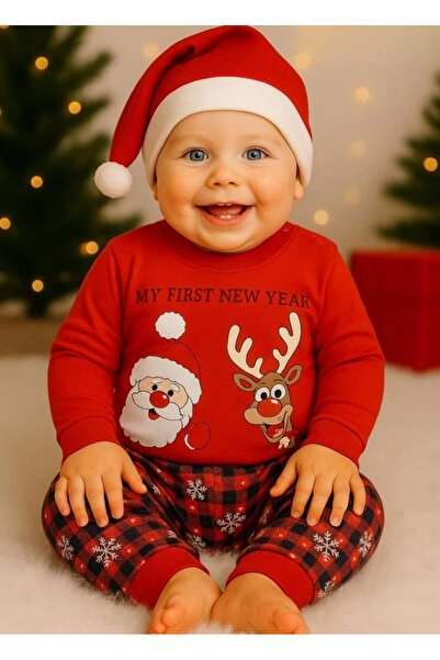 Vipbebe Santa Claus Deer Printed New Year's Outfit 3-Piece Set with Badge