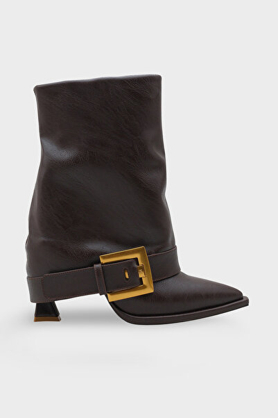 LOJO Kadın Sivri Burun Kemer Tokalı Topuklu Günlük Bot Kavosa Kahve