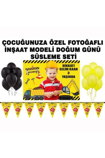 Sunligo Inşaat Temalı Doğum Günü Süsleme Seti Fotoğraflı Afiş, Flama, Balon
