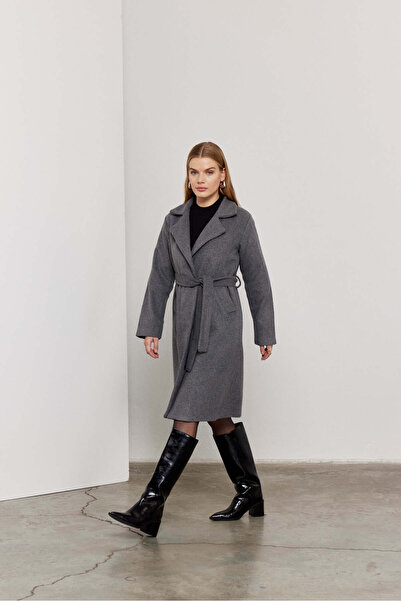 SevdeUgur Women's Gray Anthracite Belted Buttoned Cashmere Coat / Sevde Ugur