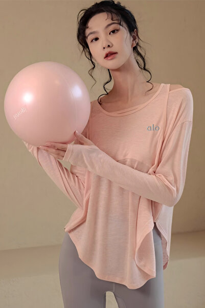 Alo Yoga Round Neck Off Shoulder Exercise Fitness Loose Long Sleeve Top