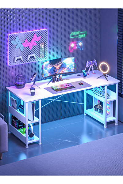 Bangiga 150cm Study Desk with Bookshelves, Carbon Fiber Desktop Gaming Table/Computer Desk, Home Office Desk