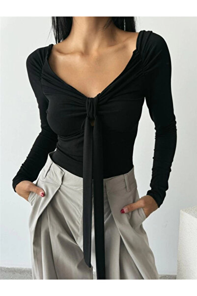 MODA Sandy Bodysuit with Front Tie Detail - Black