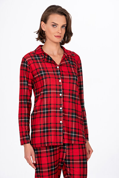 Kompedan Kadın Süet Önden Düğmeli Pijama Takımı | Ekose Kırmızı