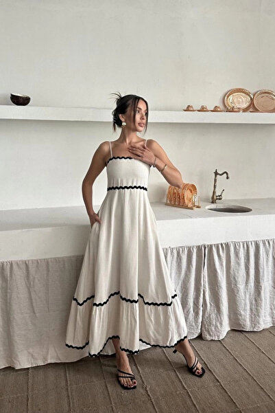 BÜŞRA TEZEL MODA Beige Stripe Detail Linen Dress