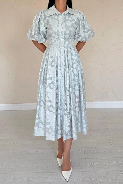 Pazarcan Menta színű íves ruha léggömb ujjakkal