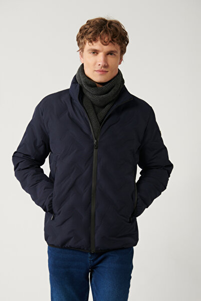 Avva Men's Navy Blue Comfort Fit Puffer Stand Collar Water Repellent Windproof Lightweight Coat E006036