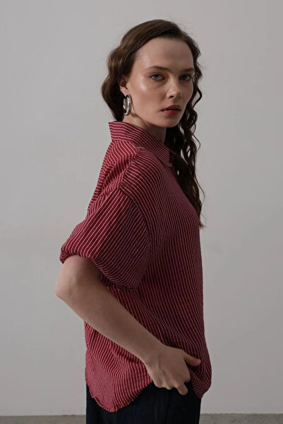 MODA Half Balloon Sleeve Striped Shirt - Claret Red