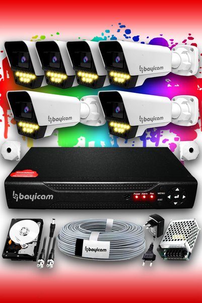 Bayicam 6 Kameralı Süper 6 Dış Kamera Set 320 GB 5 MP 2K Renkli Gece Görüşlü Güvenlik Kamerası Sistemi