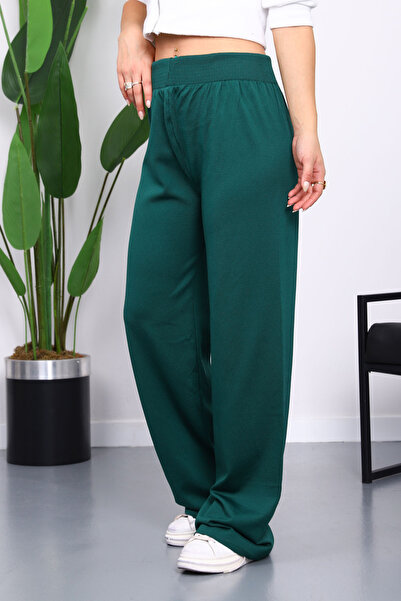 İmajButik Emerald Green High Waist Corded Fabric Wide Leg Knitwear Trousers