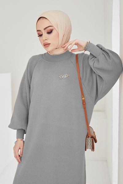 InStyle Трикотажне плаття Mina з повітряним рукавом Tesettur Сірий