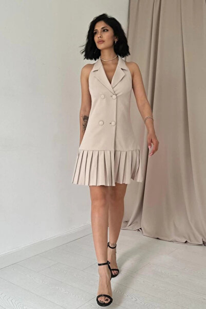 BY BASAK collection Μπεζ εξώπλατο φόρεμα με γιακά