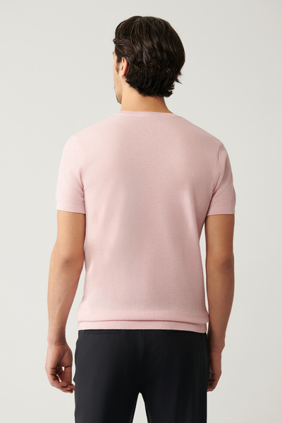 Avva Men's Light Pink Crew Neck Textured Knit T-Shirt E005027