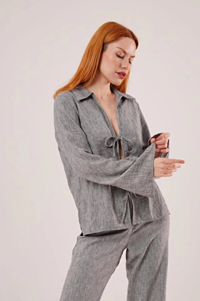 EPSWorld    Front Tie Detailed Trousers and Shirt Anthracite Double Suit