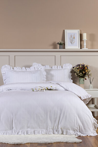 Elart Romantic Duvet Cover Set Double Size 100% Cotton Ranforce Fitted Sheet (200X220 cm) White